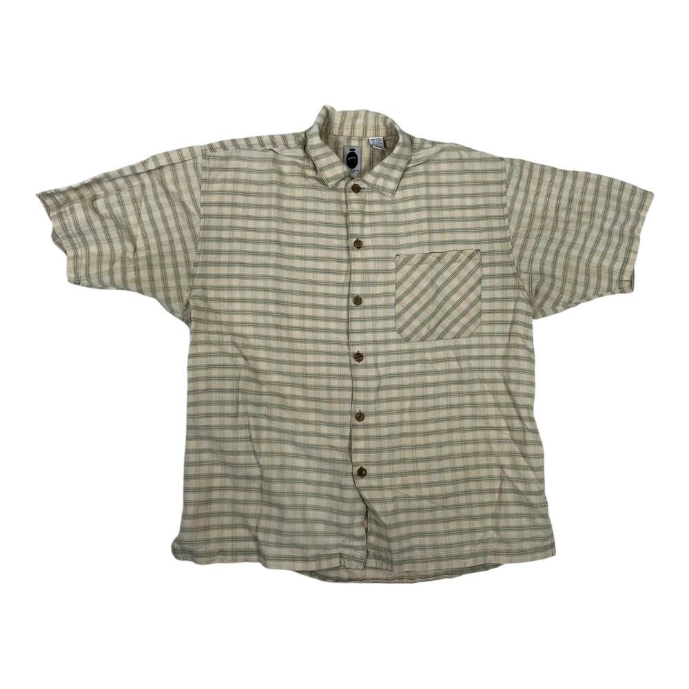 Vintage Bugle Boy Shirt Mens XL Beige Plaid Short Sleeve Button Front 90s